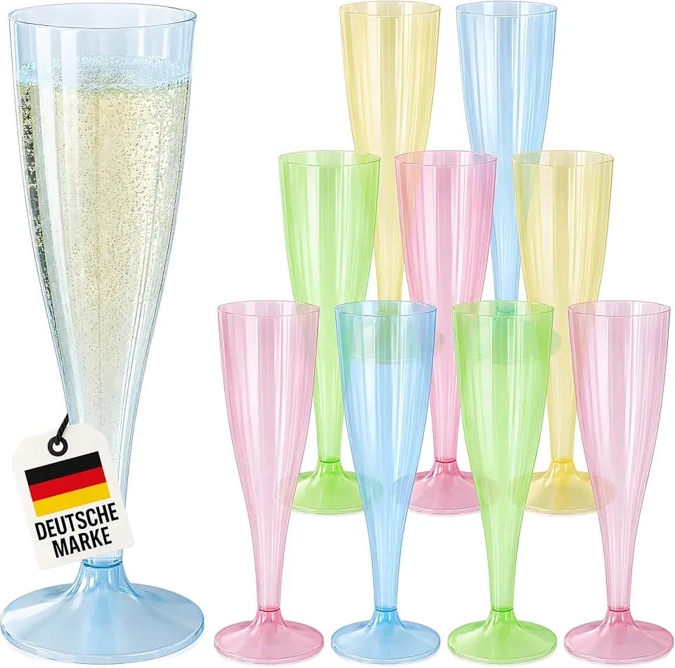 WELLGRO Bunte Sektgläser Kunststoff Mehrweg – 30 Stück – Champagner Gläser Plastik – 150 ml Partygläser für Hochzeit, Geburtstag, JGA