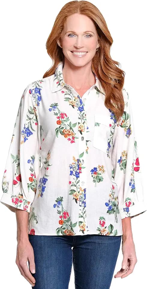 Ali Miles Women's Woven Button Front Tunic Point Collar Chest Pocket
