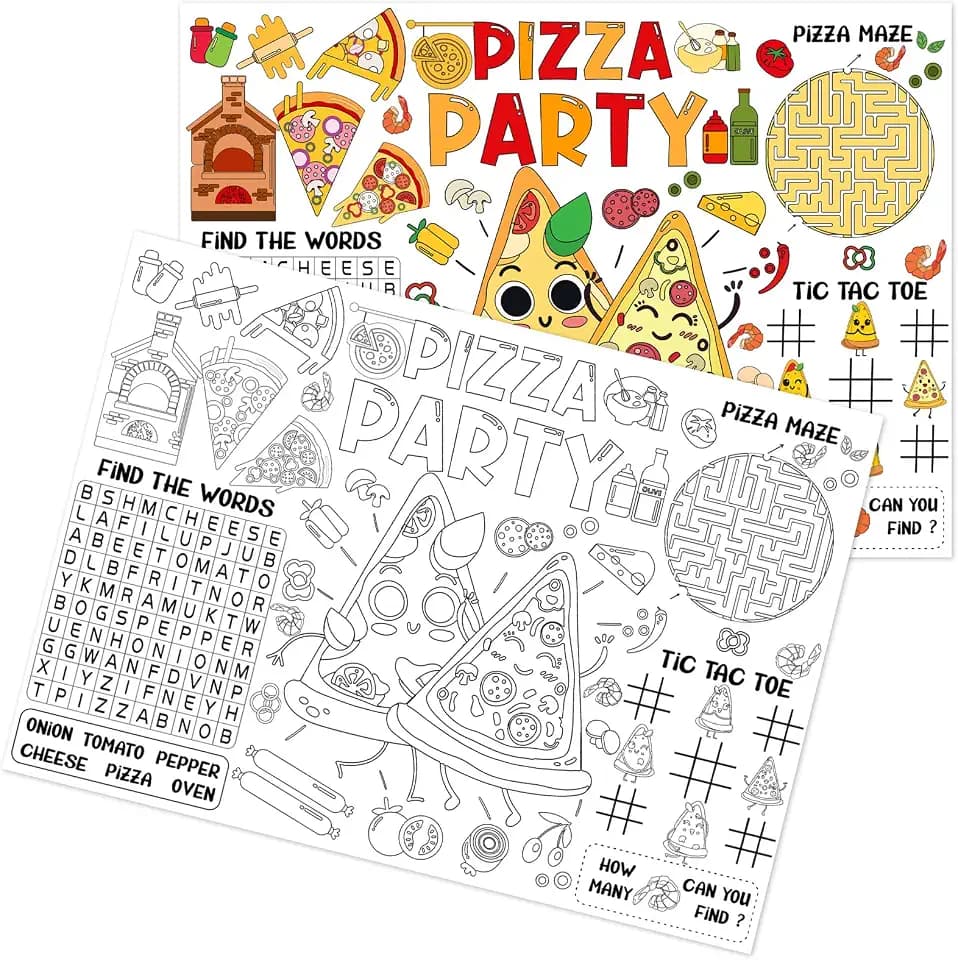 Serencatcher Pizza Party Decorations 12pcs Pizza Coloring Placemats Coloring Paper Placemats Table Mats Black and White, 10x13.97 inches for Birthday Party Favors Supplies Activities Games