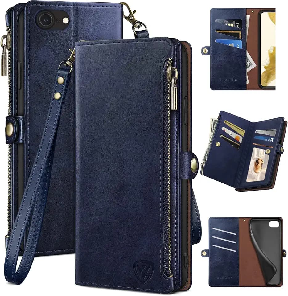XcaseBar for iPhone SE 3rd/7/8 Wallet case with Zipper 【RFID Blocking】 Credit Card Holder, Flip Folio Book PU Leather Phone case Shockproof Cover Women Men for Apple se case Blue