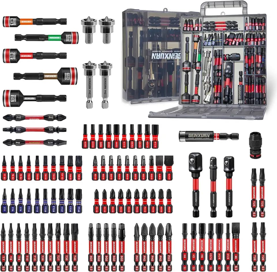 Geinxurn 98Pieces 1”/2” Impact Screwdriver Bits Set, Magnetic S2 Steel (Phillips/Slotted/Square/Torx/Hex/Security Torx) Driver Bits Tips,Impact Bit Holder and Nut Driver with Grey Storage Box Case