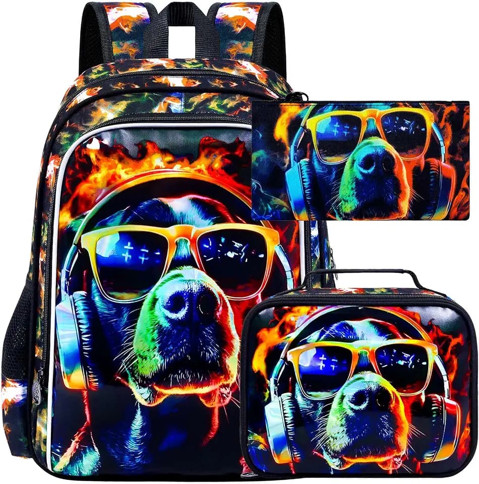 HPJGD 3PCS Boys Dog Bookbag, Water Resistant Kids Backpack with Lunch Box, 17" School Bag Set for Teenagers Middle Elementary - Sunglasses Dog