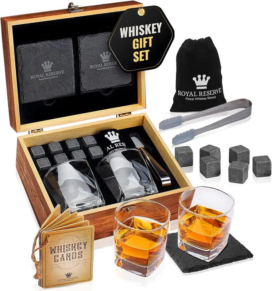 Whisky Geschenkset – Whiskey Gläser, Steine, Untersetzer, Eiszange, Holzkiste, Geschichts- und Rezeptkarten, Samtbeutel – Zubehör Set, Geschenk für Männer, Ehemann, von Royal Reserve