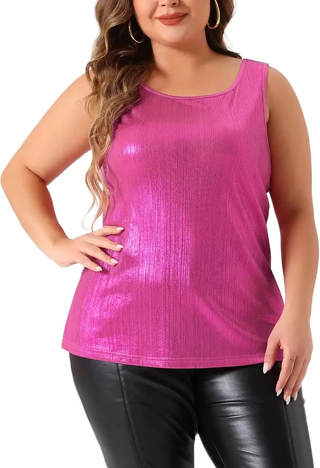 Agnes Orinda Women Plus Size Metallic Scoop Neck Sleeveless Shiny Tank Top