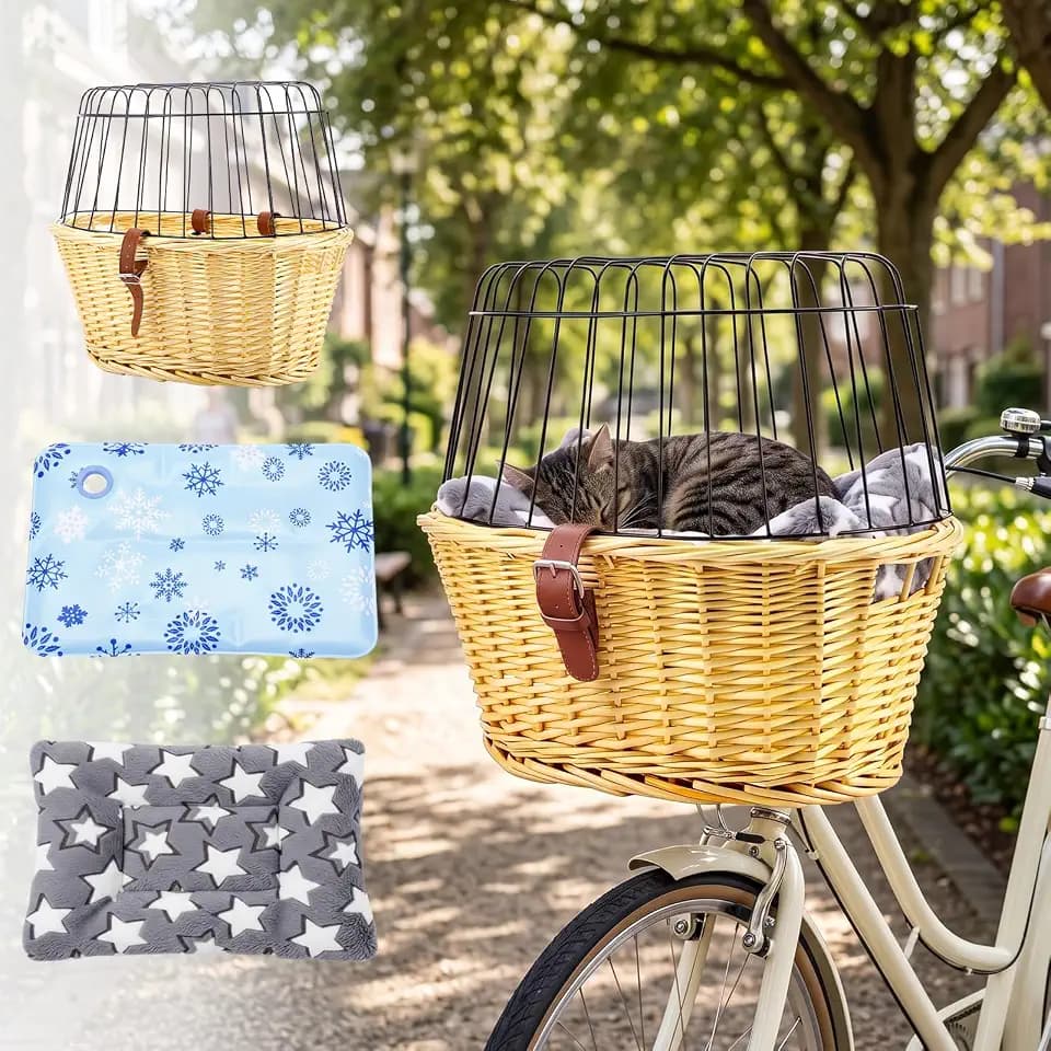 Woanger 3 Pcs Wicker Dog Bike Basket Set Rattan Pet Carrier for Small Pet