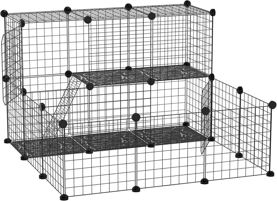 PawHut Haustier-Gehege mit Tür 24 Paneele, Hammer 105x105x70 cm Schwarz