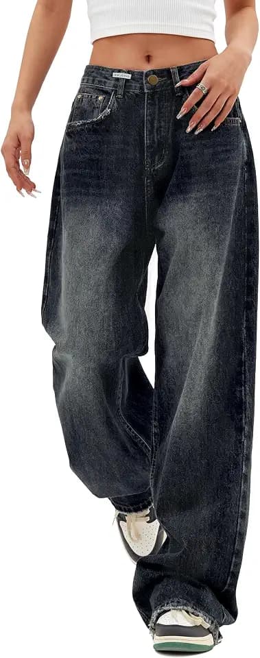 EMMIOL Baggy Jeans für Damen mit weitem Bein und High Waist Vintage Hose