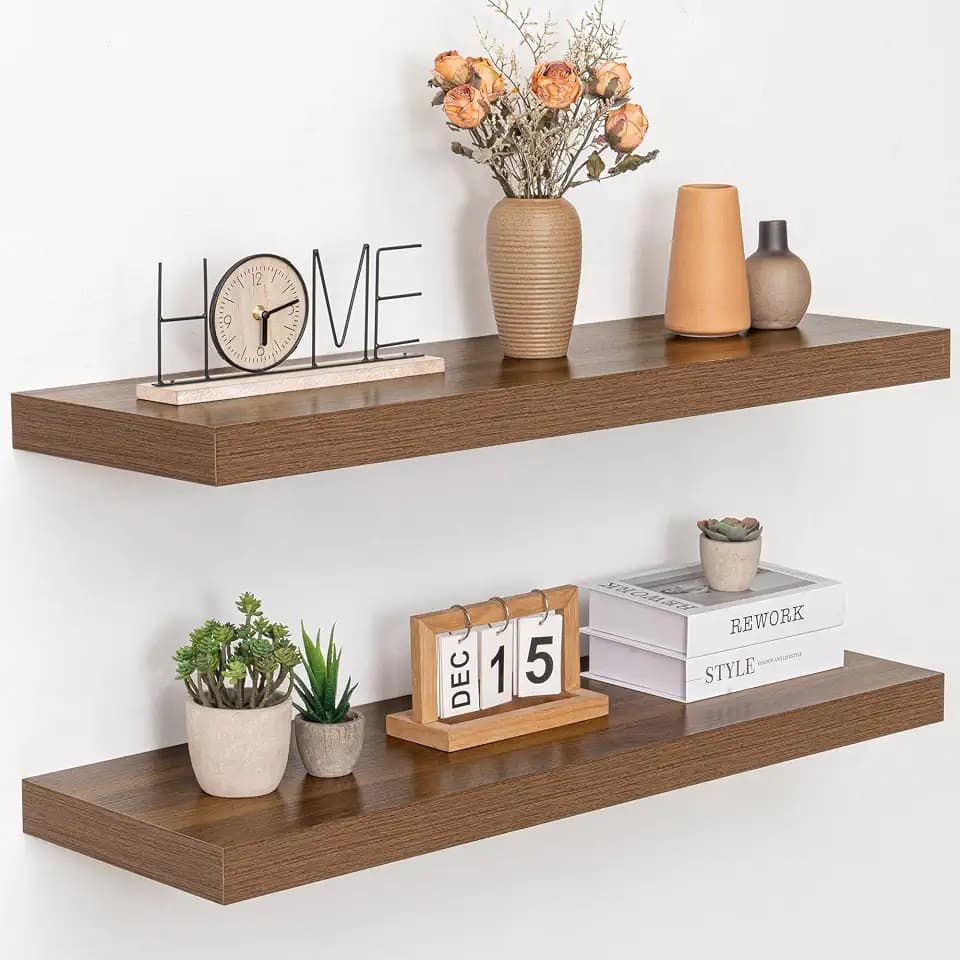 Acovy 36 Inch Floating Shelves, 12" Deep Floating Shelf Wall Mounted, 36" Wall Shelves, Rustic Deep Bookshelf, Extra Deeper & Thicker Display Shelves for Bedroom, Living Room, Walnut, Set of 2