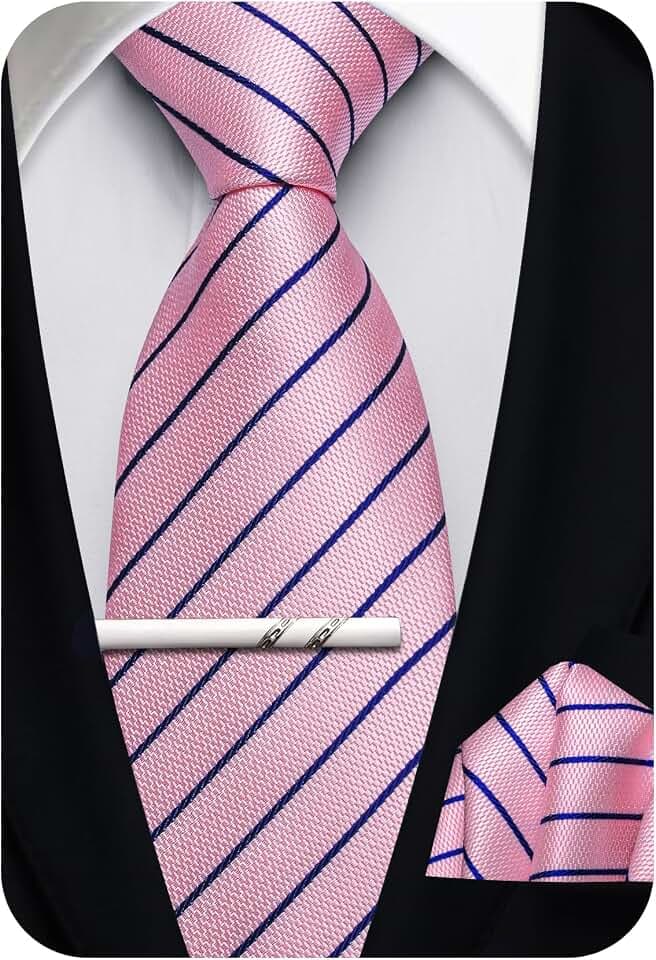 Herren-Krawatten, 160 cm, extra lang, klassisch, gestreift, Krawatte und Einstecktuch, Seidenkrawatte, Taschentuch, Krawattenklammer für formelle Hochzeit, Party