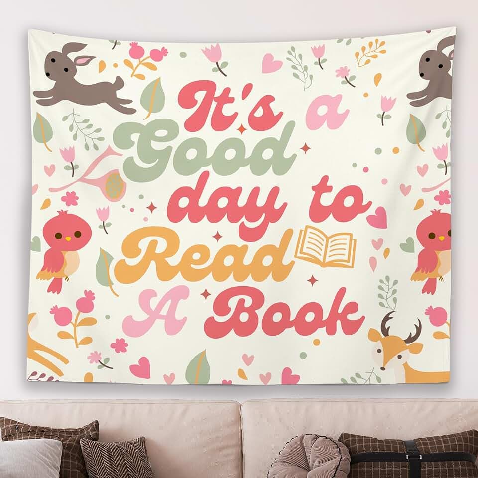 MNASAIOO It's A Good Day to Read A Book Classroom Wall Tapestry Hanging, Floral School Library Reading Banner Tapestries, Cute Animals Wall Decor for Kids Book Lovers Reading Nook Corner Dorm 50x60in