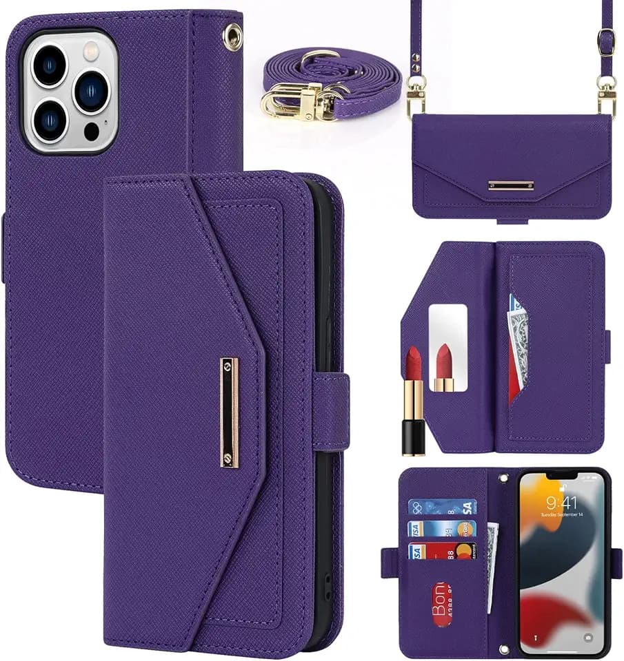 Crossbody Wallet for iPhone 13 Pro Case with Strap,6.1",Purple