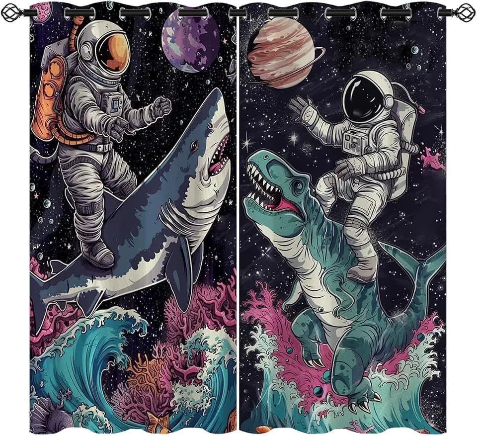 Funny Astronaut Blackout Curtains for Girls Boys Home Decor, Fantasy Dinosaur Shark Galaxy Grommet Thermal Insulated Drapes Darkening Window Curtain for Bedroom Living Room, 42 x 45 Inch
