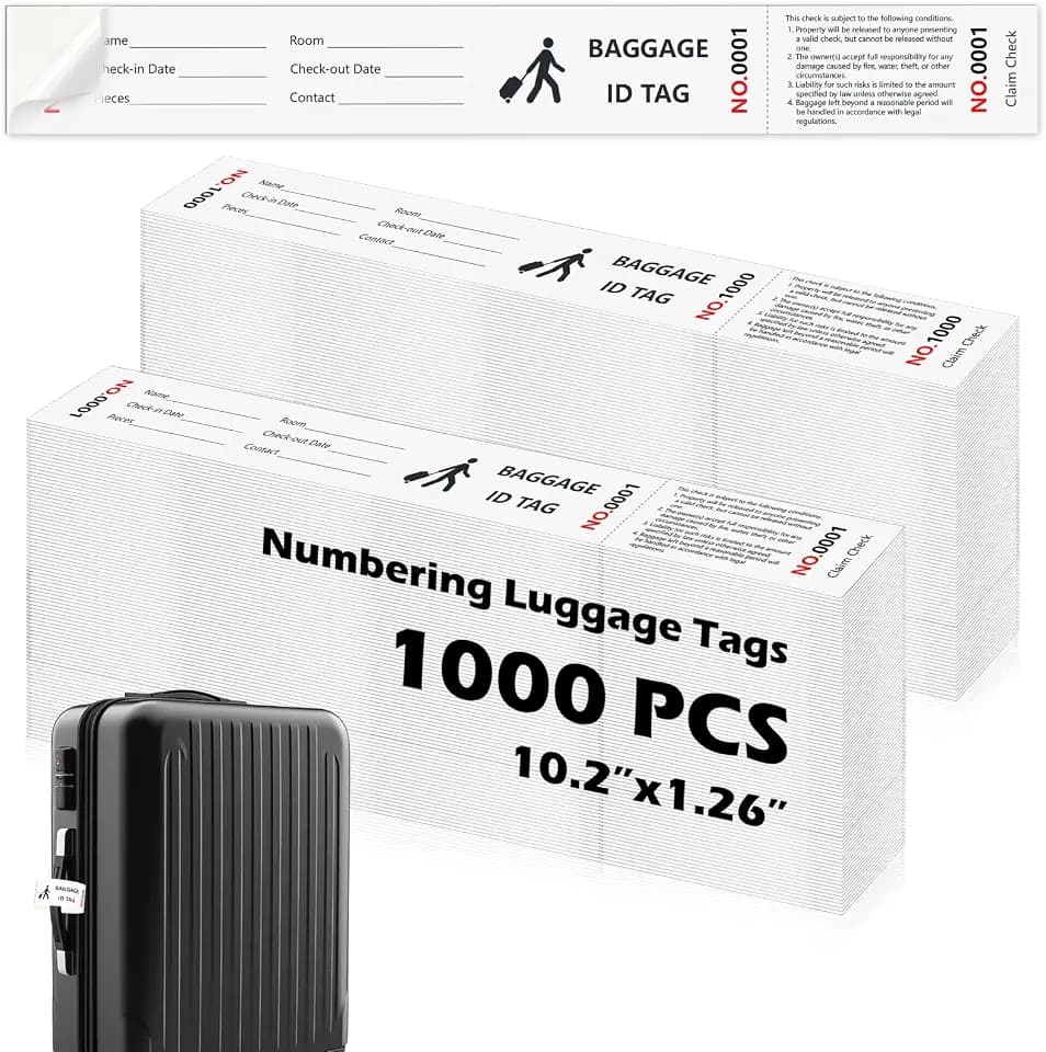 1000 Pcs Paper Hotel Luggage ID Tags with Transfer Tape On Back Luggage Tags Bulk Black Baggage Claim Check Tags Serial Numbering Claim Ticket Baggage Identification for Suitcase Motel Bag Storage