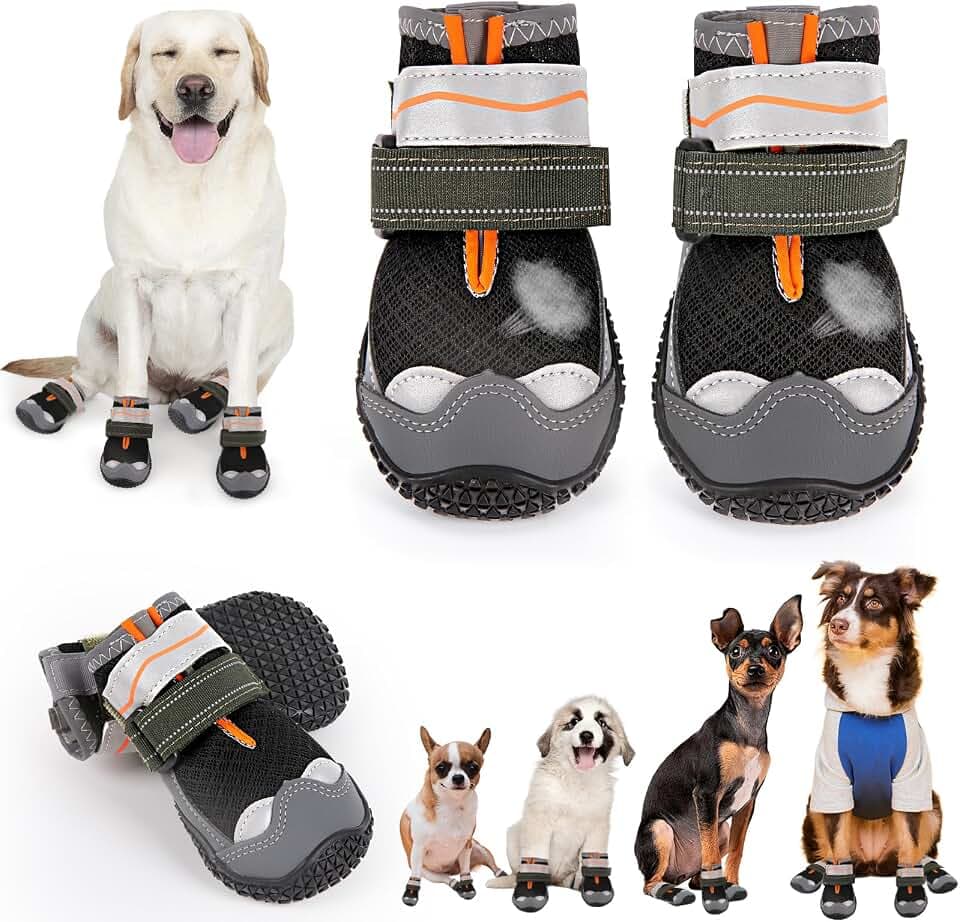 Dog Shoes for Large Small Medium Dogs, Breathable Dog Booties for Outdoor Walking Hiking Anti-Slip Dog Boots Paw Protectors with Reflective Straps for Hardwood Floor Winter Snow Size 4