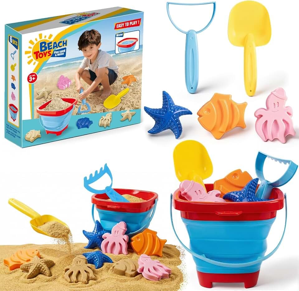 Sandspielzeug Set für Kinder,zusammenklappbarer Silikoneimer mit Schaufel, Rechen,Sandförmchen und Netztasche,Outdoor Spielzeug für Strand und Sandkasten,für Kinder von 3–10 Jahren