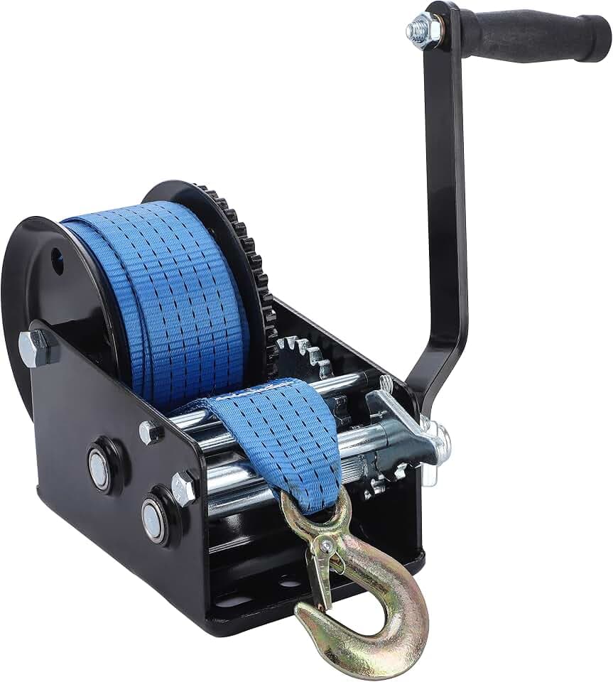 Pindex Hand Gurtwinde Bootstrailer mit 10m Polyester Gurtband, 1365kg, | Manuelle Bootswinde mit Handkurbel, 2 Gang 4:1 8:1, für Trailer, Anhänger Boot, Geländewagen