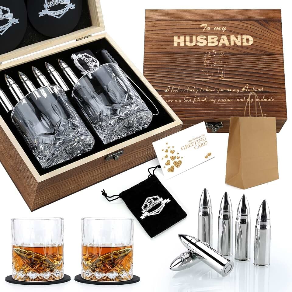 EXREIZST Whisky Gläser Set mit Edelstahl-Steinen, Holzbox
