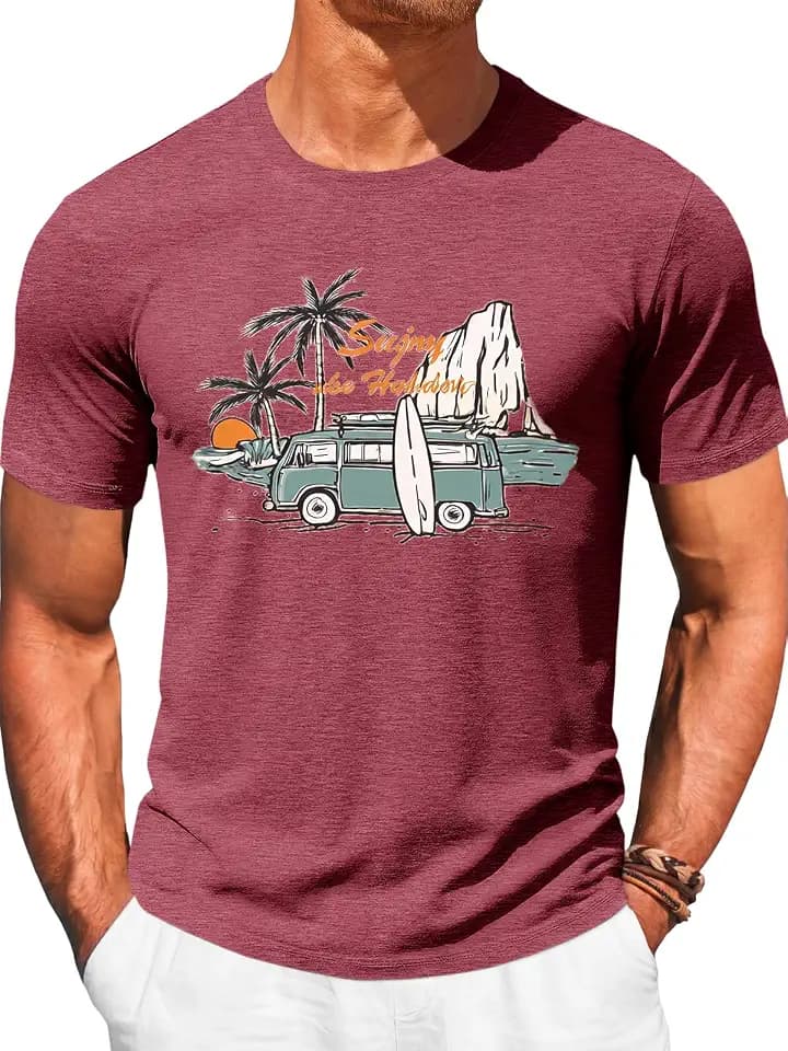 Runcati Mens Short Sleeve T-Shirts Graphic Crew Neck Beach Printed Tees