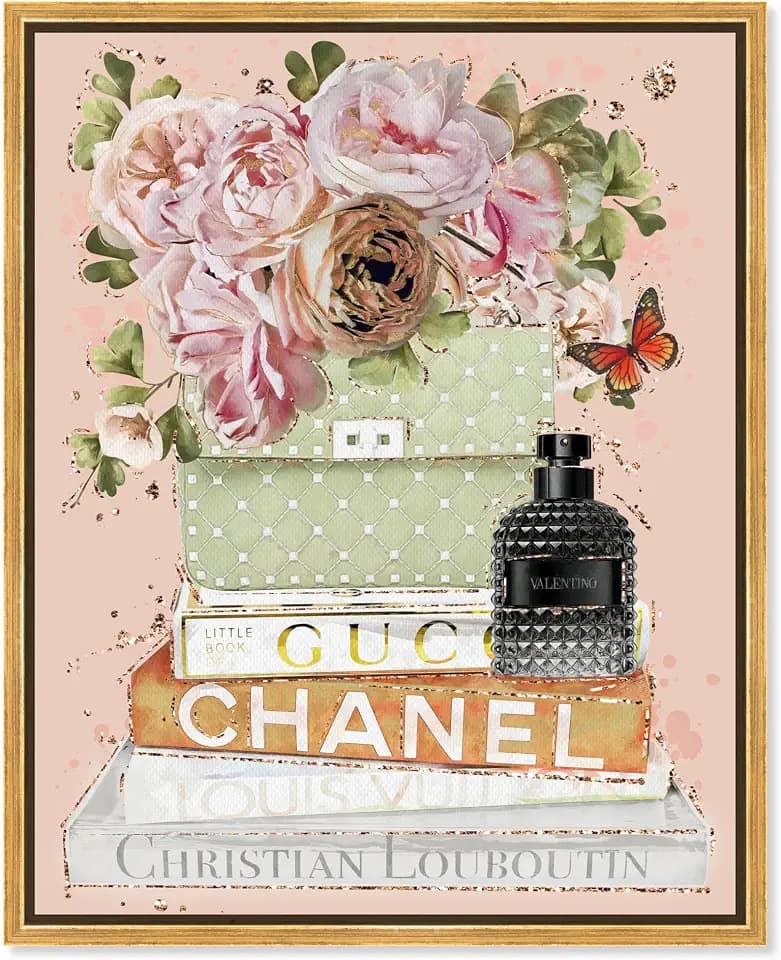 Art Remedy Floral and Glam Books Tan Canvas Fashion Art, Gold Frame, 20" x 24"