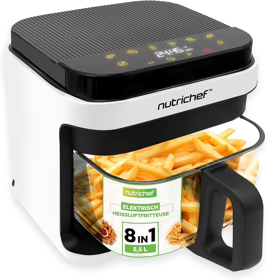 NutriChef Heißluftfritteuse 5,5L Airfryer ohne Öl 1200W Weiß – 8 Programme, Sichtfenster, Touchscreen, fettarm, für Familien & knusprige Ergebnisse