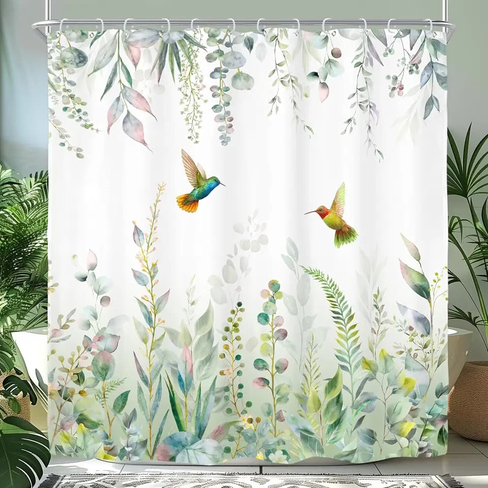 Sage Green Eucalyptus Hummingbird Spring Plants Bathroom Shower Curtain Set
