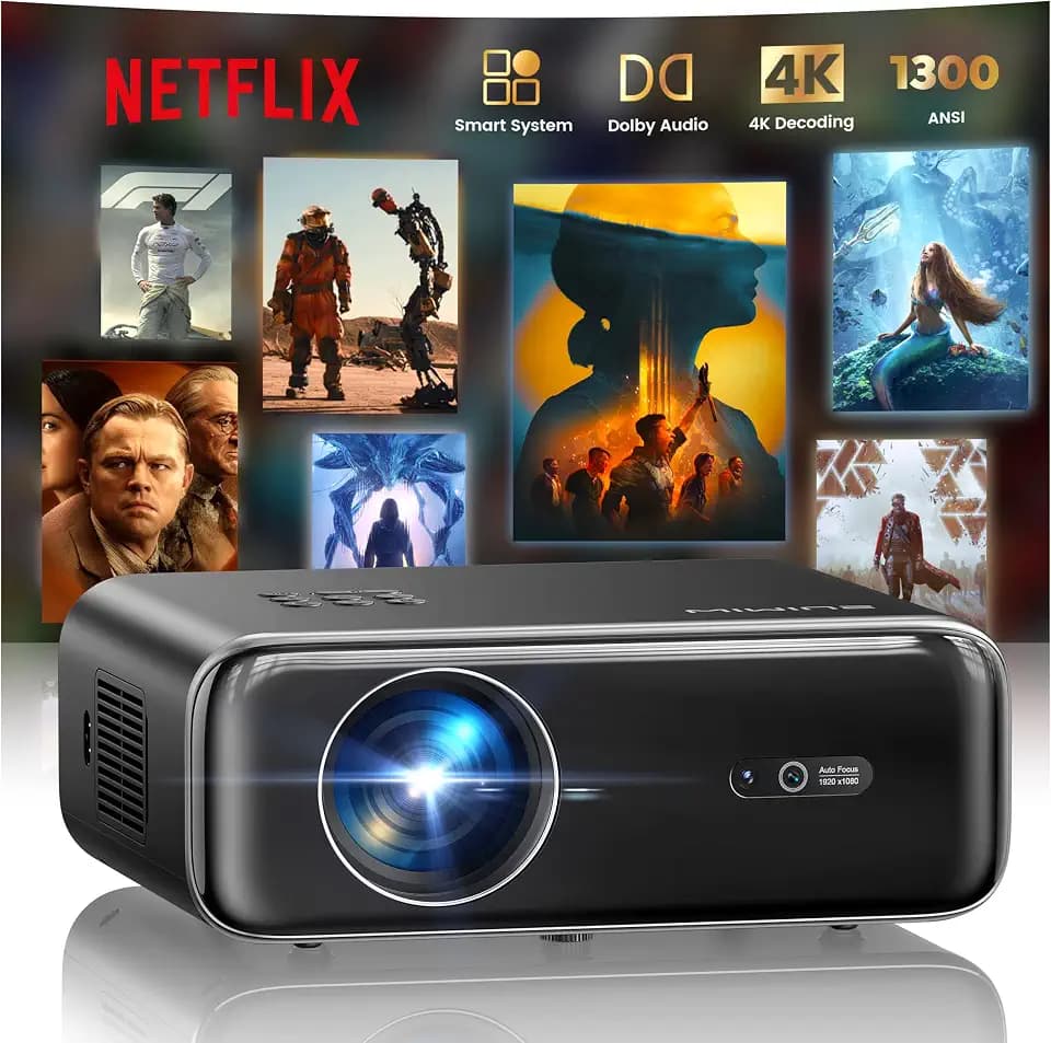 Smart Beamer, jetzt mit Netflix, Dolby Audio, WiMiUS 1300 ANSI Autofokus/6D Trapezkorrektur Led Beamer 4K Heimkino Unterstützt, WiFi Bluetooth Full HD 1080P Outdoor Deckenmontage Projektor für Handy