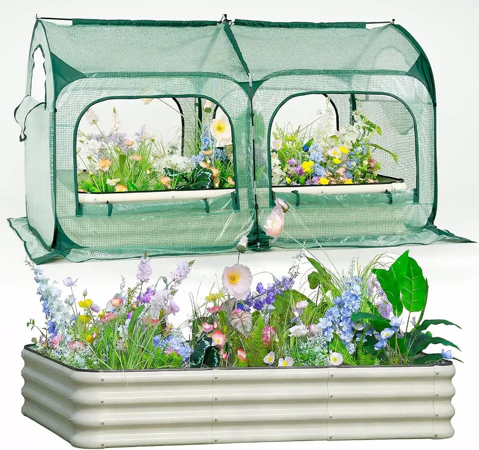 PORAYHUT All-in-One Raised Garden Bed and Greenhouse Kit,Metal Outdoor Planter Box with Pop up Tunnel Greenhouse Cover ,Vegetables, Flowers for Cold Frost Protector (8X4 FT)