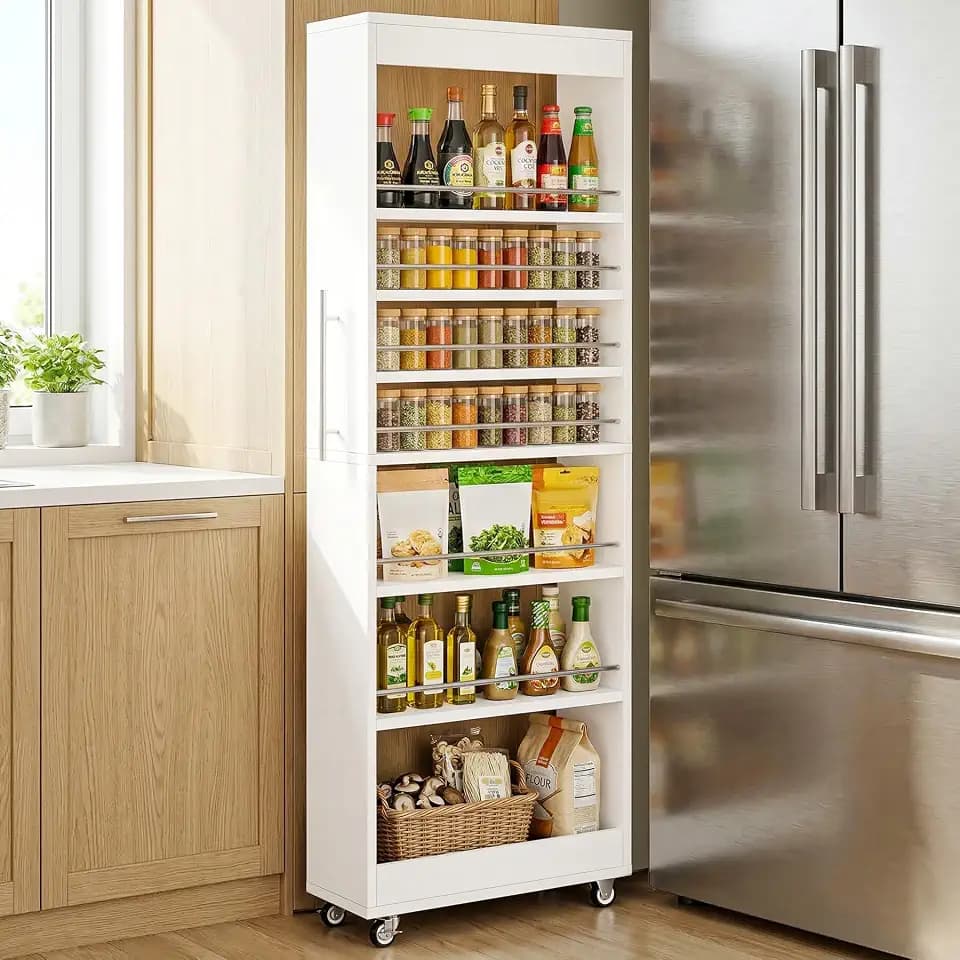 Tribesigns 73" Tall Slim Storage Cart on Rubber Wheels, 7-Tier Narrow Pantry Cabinet, Rolling Skinny Spice Rack Organizer Next to Fridge, Wooden Pull-Out Storage Shelf for Kitchen Small Spaces, White