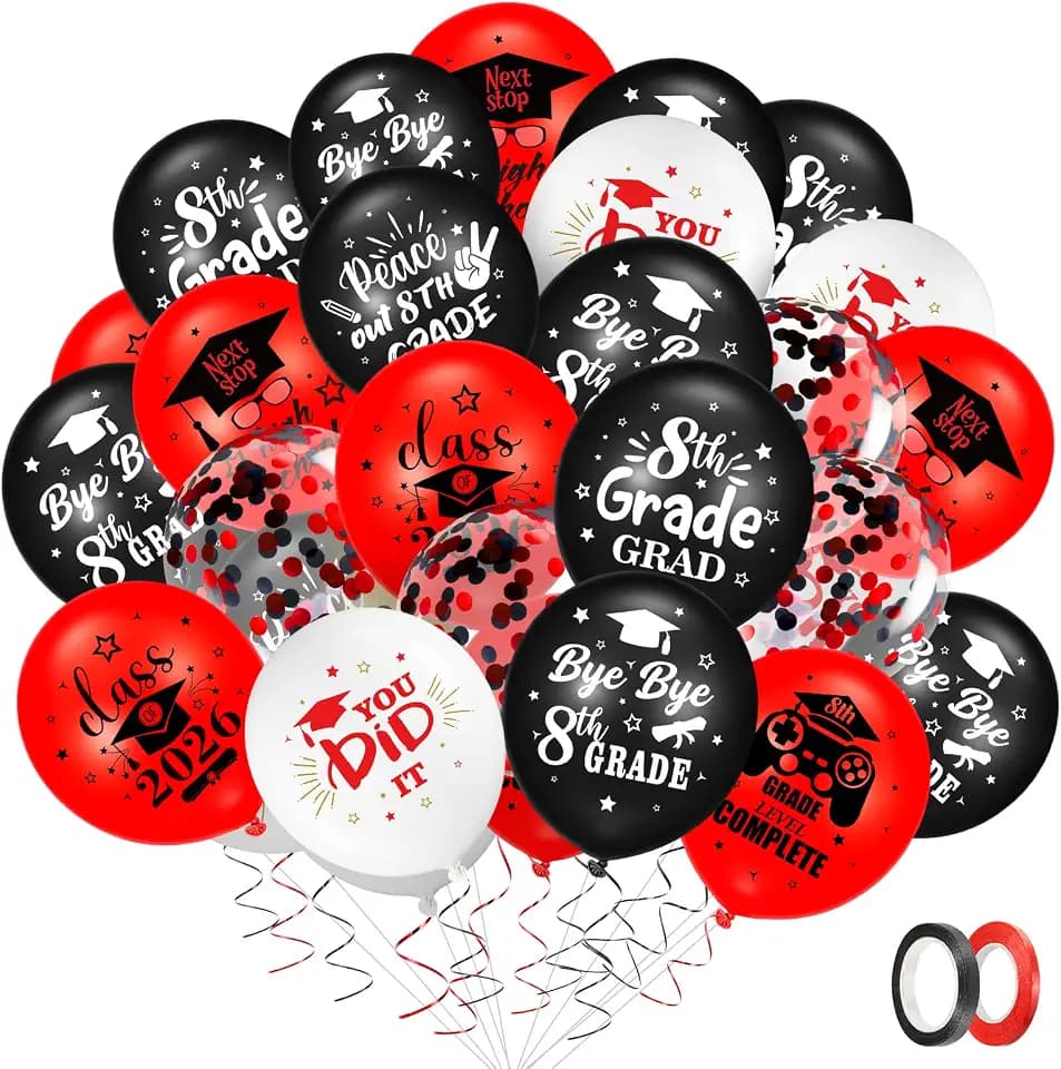 Jingmore 64 Pcs 8th Grade Graduation Balloons Kit 8th Grade Decorations 2026 with Balloon Ribbon for Graduation Birthday Party Decor (Red)