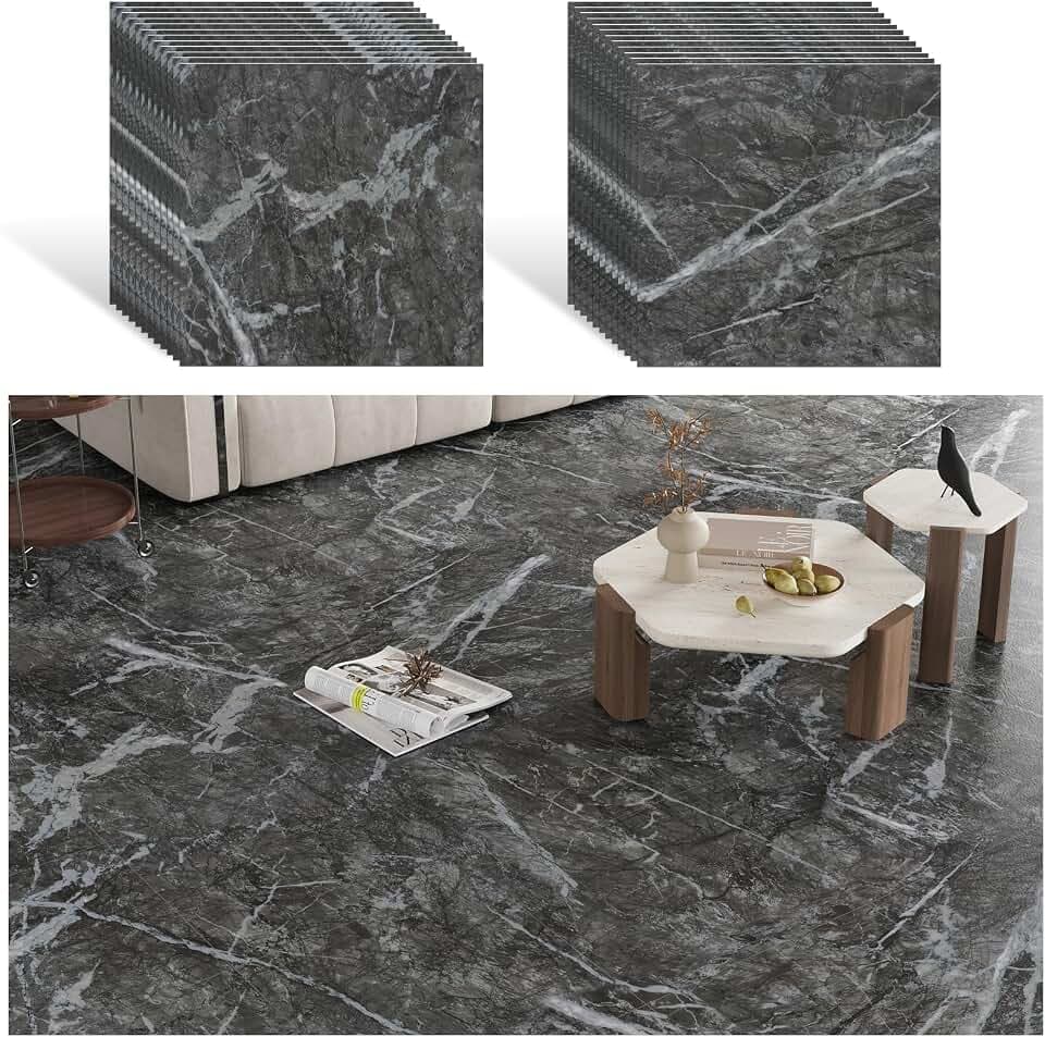 VEELIKE PVC Boden Marmor Grau PVC Bodenbelag Marmoroptik Aschbrauner Fliesenaufkleber Bodenfliesen Selbstklebende Fliesen Marmor Klebefliesen Boden Küche Schlafzimmer Abnehmbar 30cm×30cm 24 Stück