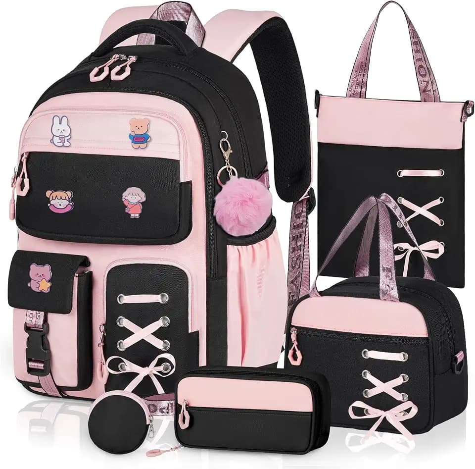 Girls Backpack with Lunch Box, 5pc Cute Pink Black Bookbag