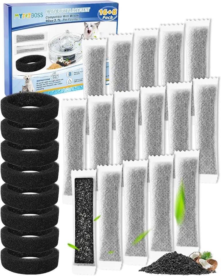 8+16 Glass Cat Water Fountain Filter Compatible with Brook 90oz