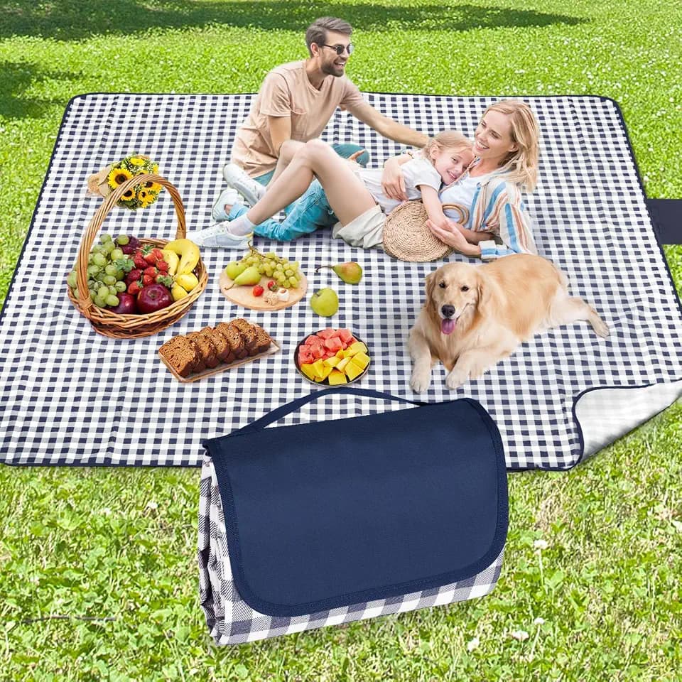 Picknickdecke 300x200 cm, Sandfest Stranddecke Wasserdicht Campingdecke, Waschbar mit Tragegriff, Ideal für Outdoor, Camping, Strand & Familienpicknick (Blau Kariert)
