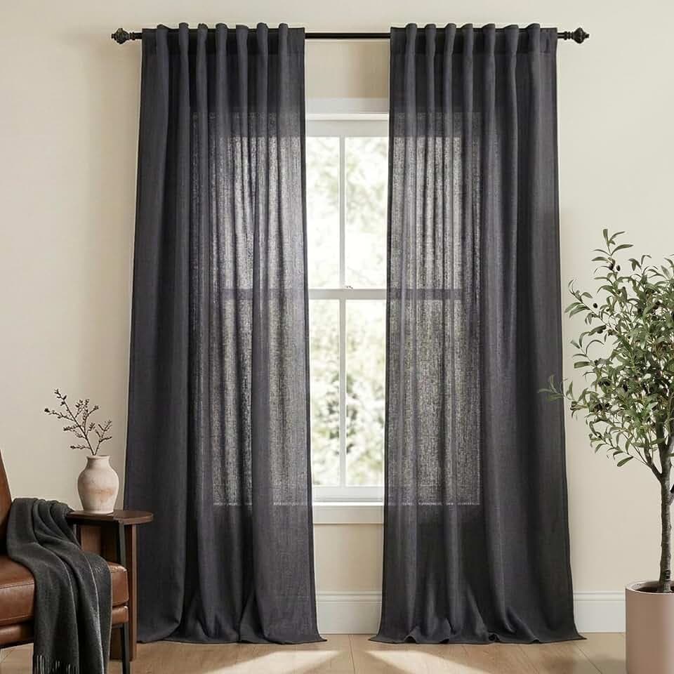 Charcoal Grey Flax Linen Curtains 96 inch Length 2 Panels, Back Tab Thick 8FT Dark Gray Semi Sheer Curtain Drapes Privacy with Light Filtering for Bedroom/Living Room/Sliding Glass Door, W52 x L96