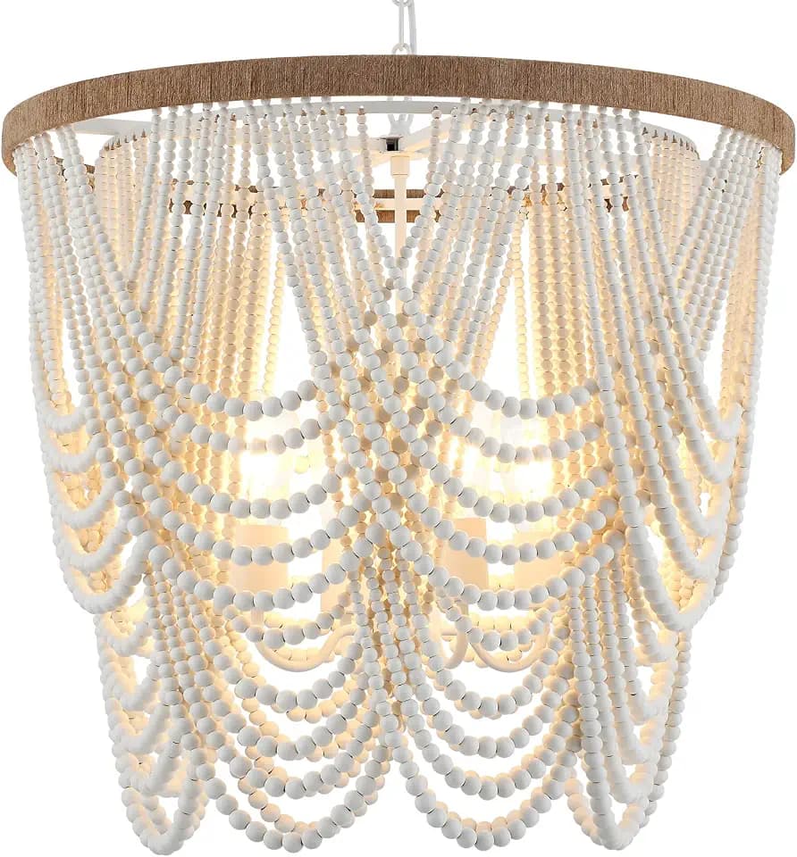 26” Boho Wood Beaded Chandelier Rustic Farmhouse Pendant Light 4-Lights Large Coastal Chandelier for Living Room Dining Room Foyer Entryway Bedroom, Oak White, E26, UL Listed