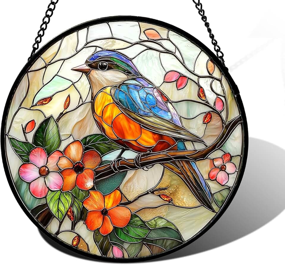 Blue Bird Pink Flower Stained Glass Window Hanging Suncatcher Gift 7.8"