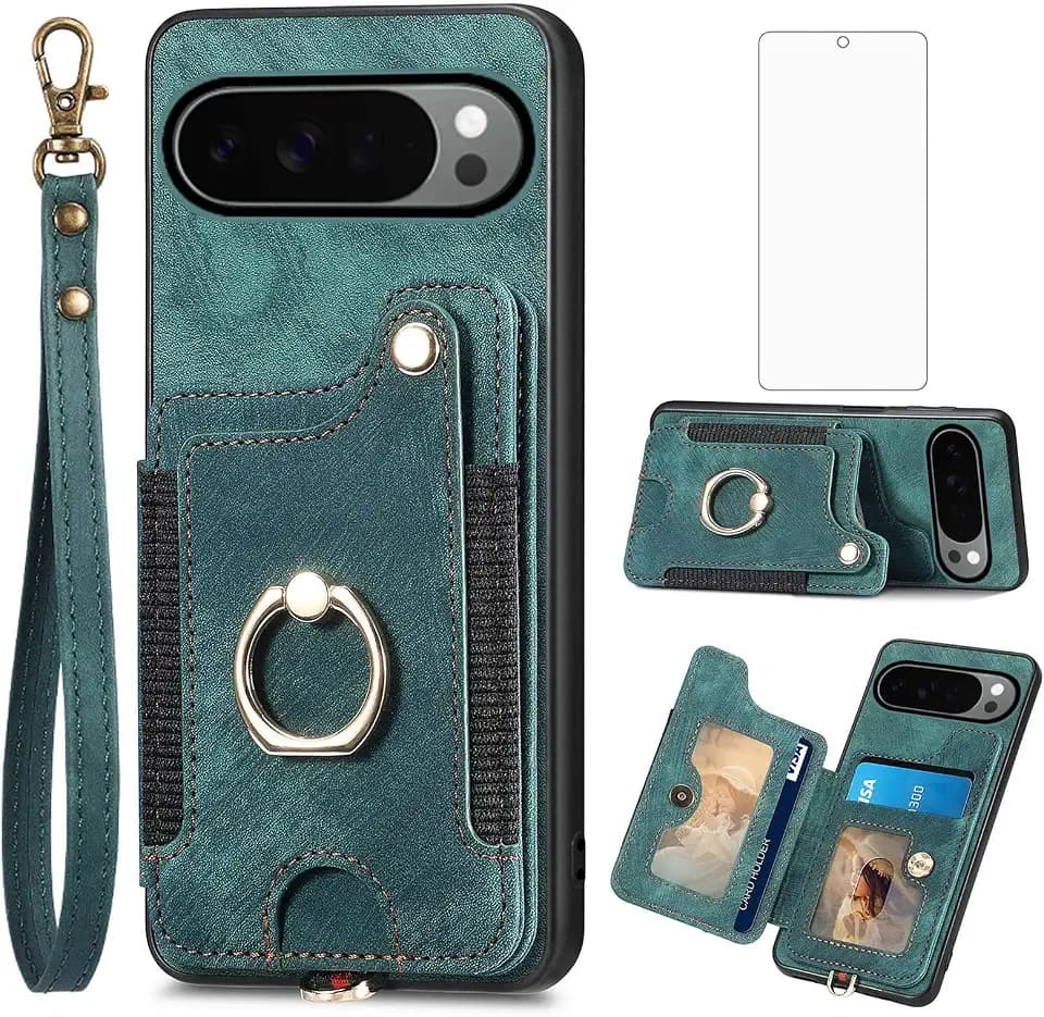 Asuwish Phone Case for Google Pixel 10 Pro XL Wallet Cover with Tempered Glass Screen Protector and Wrist Strap Lanyard RFID Credit Card Holder Ring Stand Accessories Pixel10 10Pro LX Women Men Green