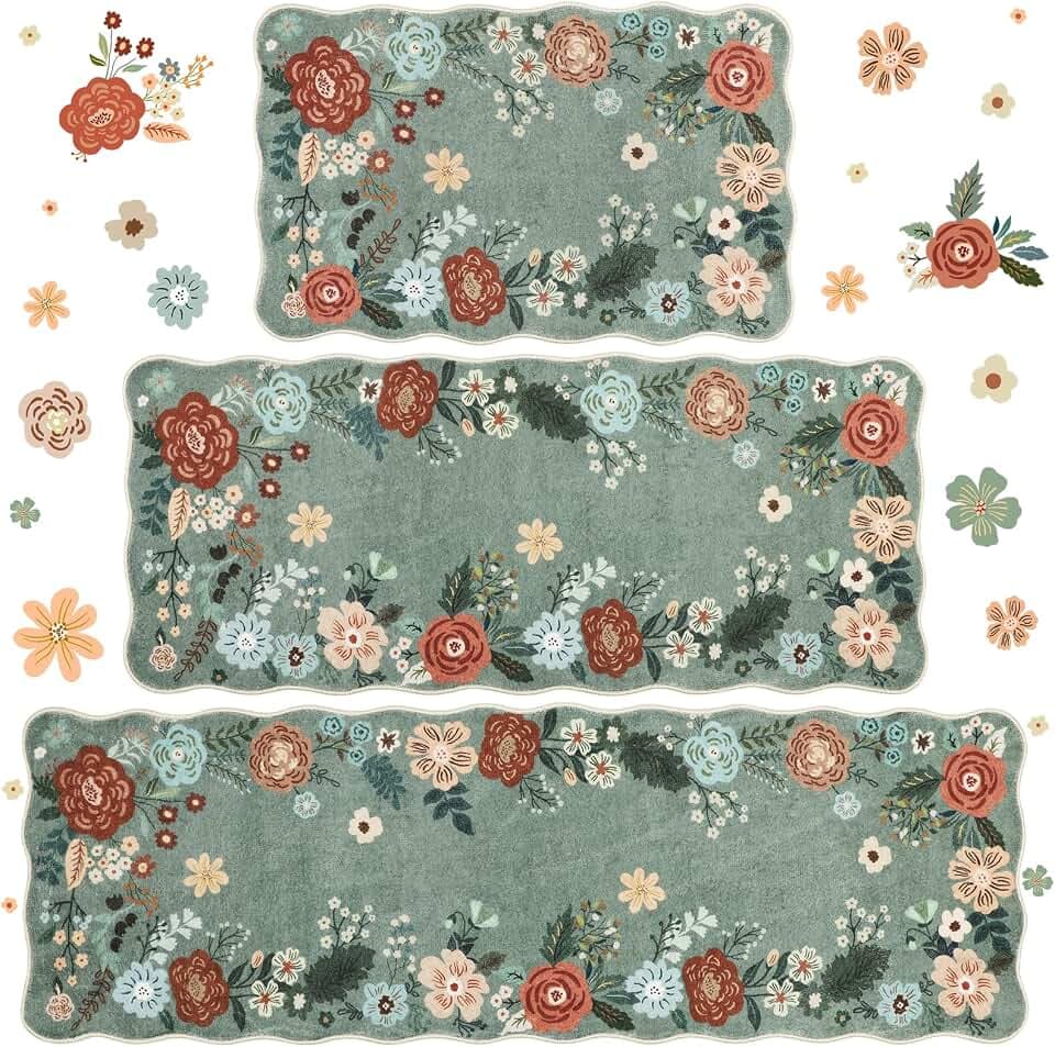 Homcomoda Floral Kitchen Rugs Mats for Floor 3PC, Farmhouse Non Slip Kitchen Rug Runner, Washable Non Skid Kitchen Rugs, Comfort Standing Mat for Laundry, Desk, Bar, Office