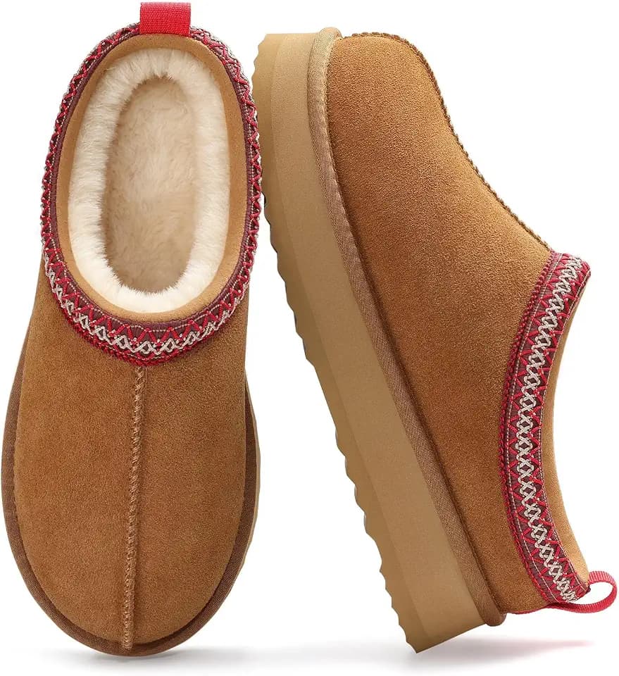 KIDMI Genuine Suede Platform Slippers for Women, Fuzzy Winter Warm Shoes