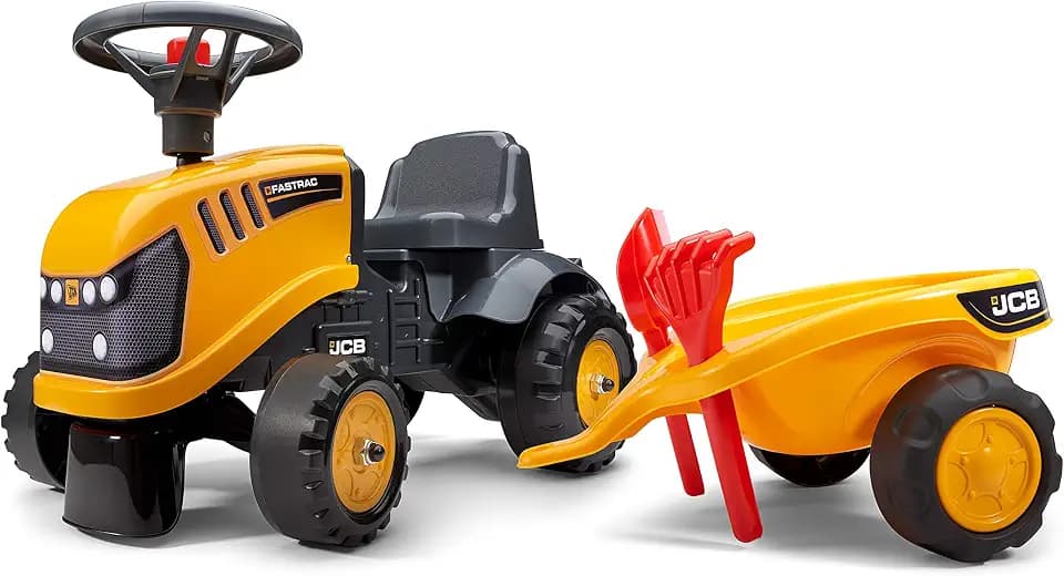 Falk – Baustellenwagen JCB mit Anhänger – ab 12 Monaten Schaufel und Rechen inklusive – 2 Styles zur Personalisierung – Nummernschild personalisierbar – 215C
