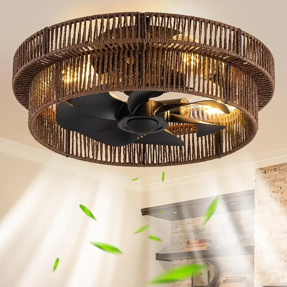 Handwoven Boho Ceiling Fans with Lights Flush Mount,Rattan Caged Fandelier