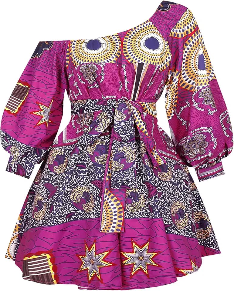 Haoohu Womens Boho African Style Floral Print Pleated Mini Swing Short Dress Top for Casual Club Party
