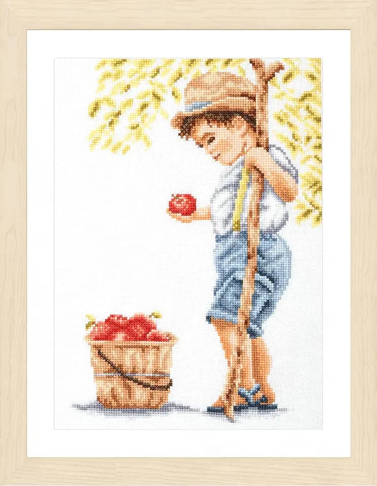 Kreuzstich Stickpackung Romance. Junge mit Äpfeln Zählstoff, Zählmuster, 20x30cm