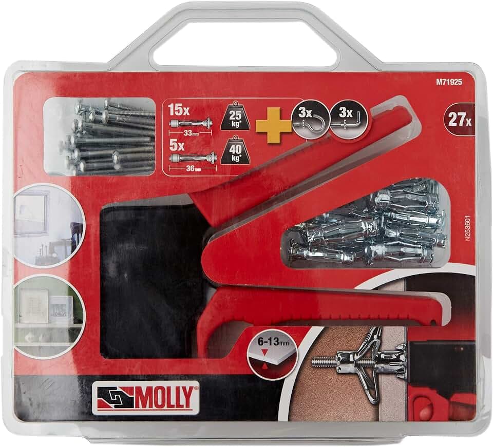 MOLLY 20er Set Befestigungsdübel - 10 Dübel 4 x 33 mm und 10 Dübel 5 x 36 mm + Montagezange grau 27 Stück M71925-XJ