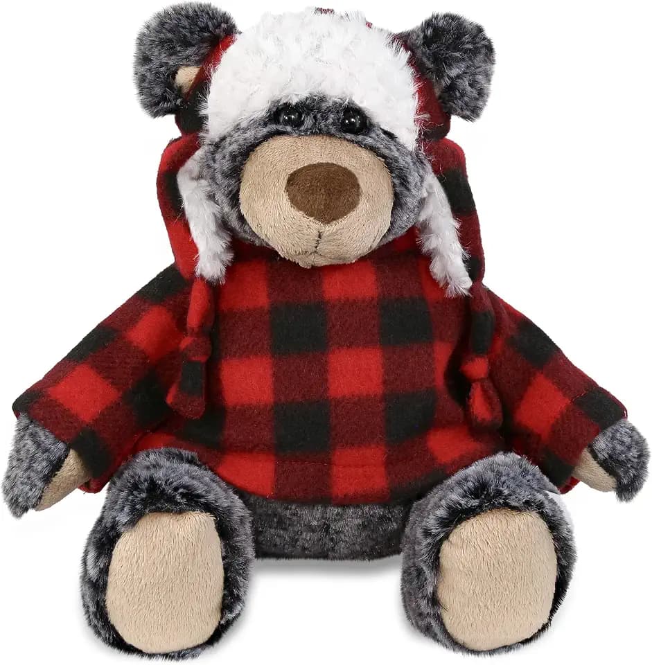DolliBu Red Plaid Outfit Black Bear Stuffed Animal, Soft Gift - 9 Inches