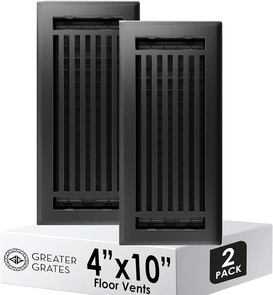 Floor Vent Covers – 4x10 Floor Register – Heavy-Duty Steel, Rustproof & Walkable Grates, Drop-in Install, Adjustable Airflow – Decorative (Lines Textured Black, 2 Pack)
