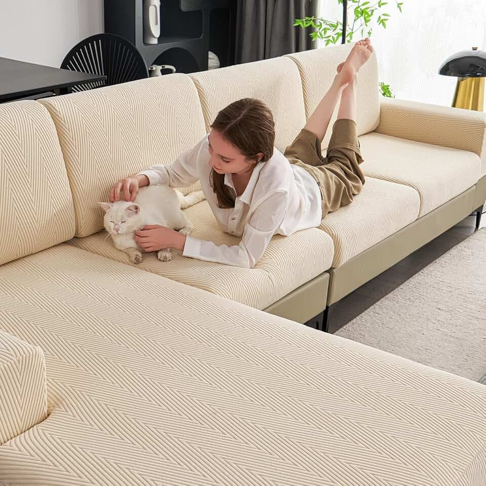Couch Cushion Covers for Sectional Sofa, Wear Resistant Stretch Sofa Slipcovers for Chair Sofa Cushion Furniture Protector Washable Seat Cover for Pets (Beige, 3 Seat Covers S+ 1 Chaise)