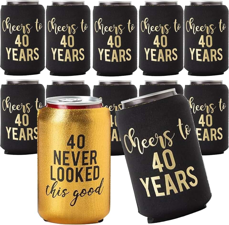 Cheers to 40 Years - Gold "40 Never Looked So Good" Can Coolers, Set of 12, Black and Gold 40th Birthday Decorations for Parties