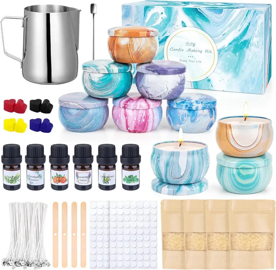 Kerzen Selber Machen Set, Kerzenherstellung Kit, Duftkerze Geschenke Set mit 480g Bienenwachs,9 Kerzendosen 6 Duftöl,8 Farbblöcken,Wachsschmelztopf, Candle Making Kit für Erwachsene und Anfänger