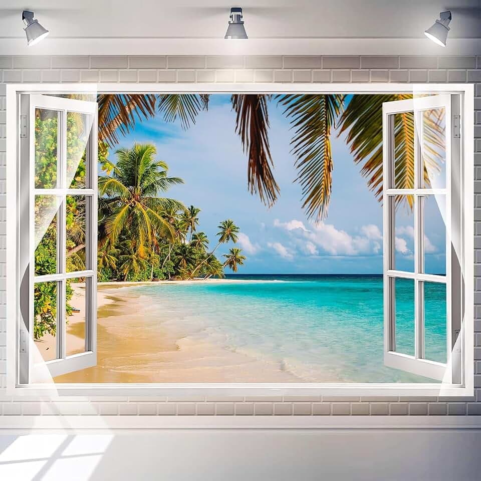 Summer Beach Window Backdrop 7 x 5 ft Hawaii Tropical Ocean Seaside Scene Photo Booth Palm Tree Background Aloha Luau Party Decorations Polyester Home Decor Outdoor Banner (8X6 ft)
